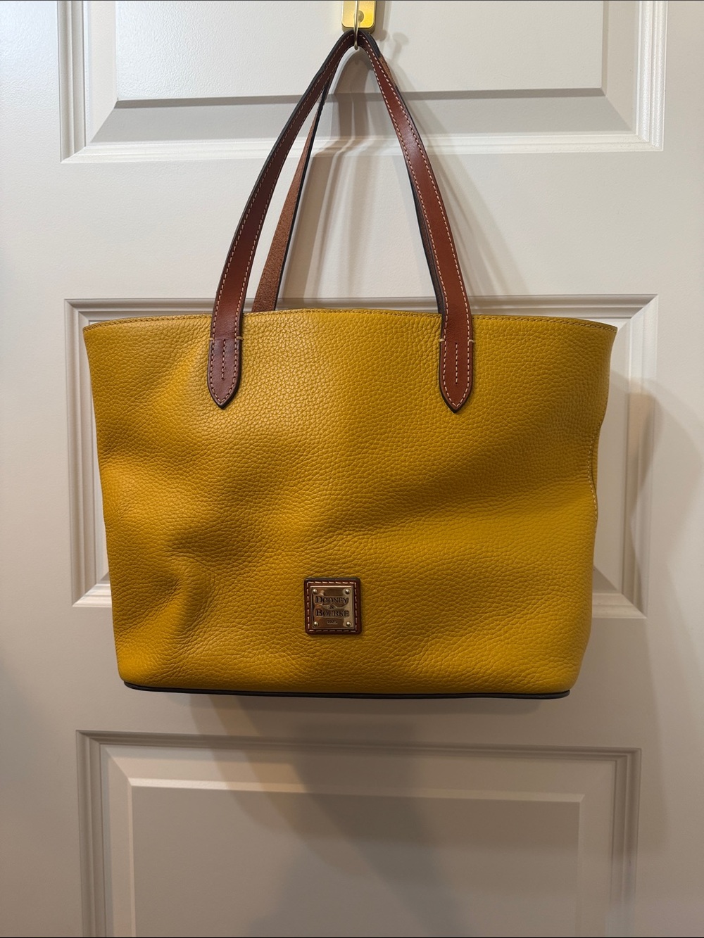 Dooney & Bourke Mustard Yellow Pebble Leather Tote with Brown Handles